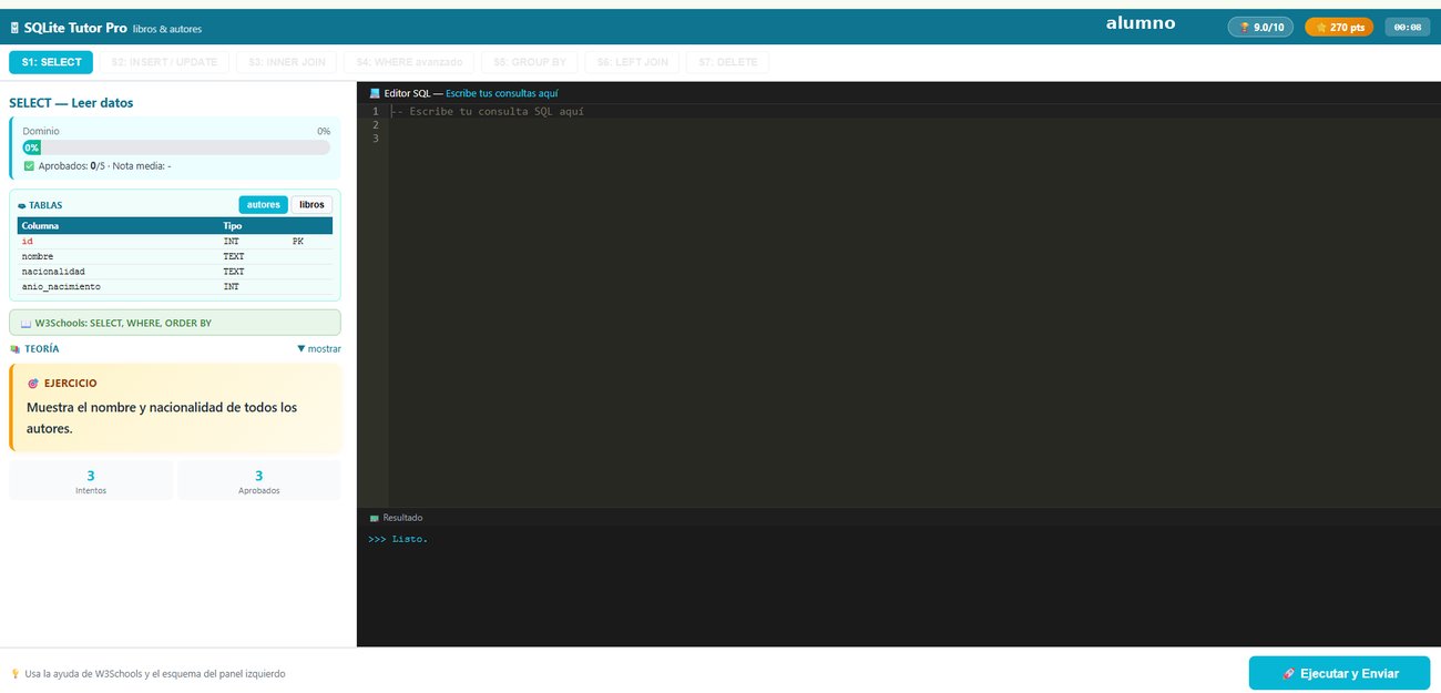 Vista del alumno en SQL Tutor Pro
