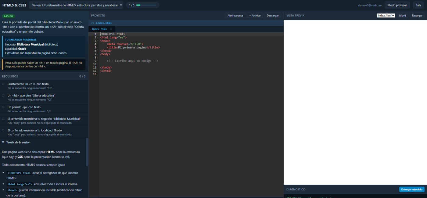 Tutor de HTML5 y CSS3: editor con el encargo personalizado del alumno, los requisitos en vivo y la vista previa